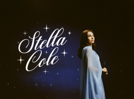 Jazz singer Stella Cole in a flowing light blue gown standing against a dark blue, starry background with her name in white cursive text.