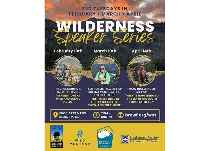 Flyer for the 2026 Wilderness Speaker Series at FVCC, featuring event dates for February 10th, March 10th, and April 14th with speaker photos.
