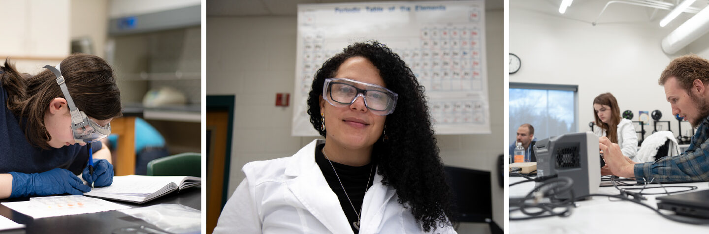 A collage featuring students engaged in STEM learning, including hands-on laboratory work, scientific research, and collaborative problem-solving. The images highlight experimentation, analysis, and applied learning across science, technology, engineering, and mathematics disciplines.