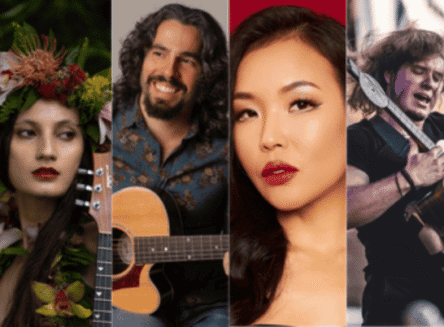 A vertical collage of four musicians: a woman with a floral crown, a man with long curly hair holding an acoustic guitar, a woman with dark hair in a close-up portrait, and a man playing an instrument with high energy.