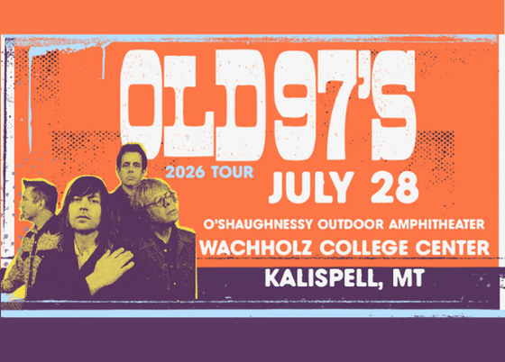 A stylized promotional graphic for the band Old 97's. It features yellow and purple cutouts of the four band members—Rhett Miller, Murry Hammond, Ken Bethea, and Philip Peeples—posed dynamically and layered against a vibrant, orange background of and royal purple. The "Old 97's" logo is at the top in a bold, white, blocky font.